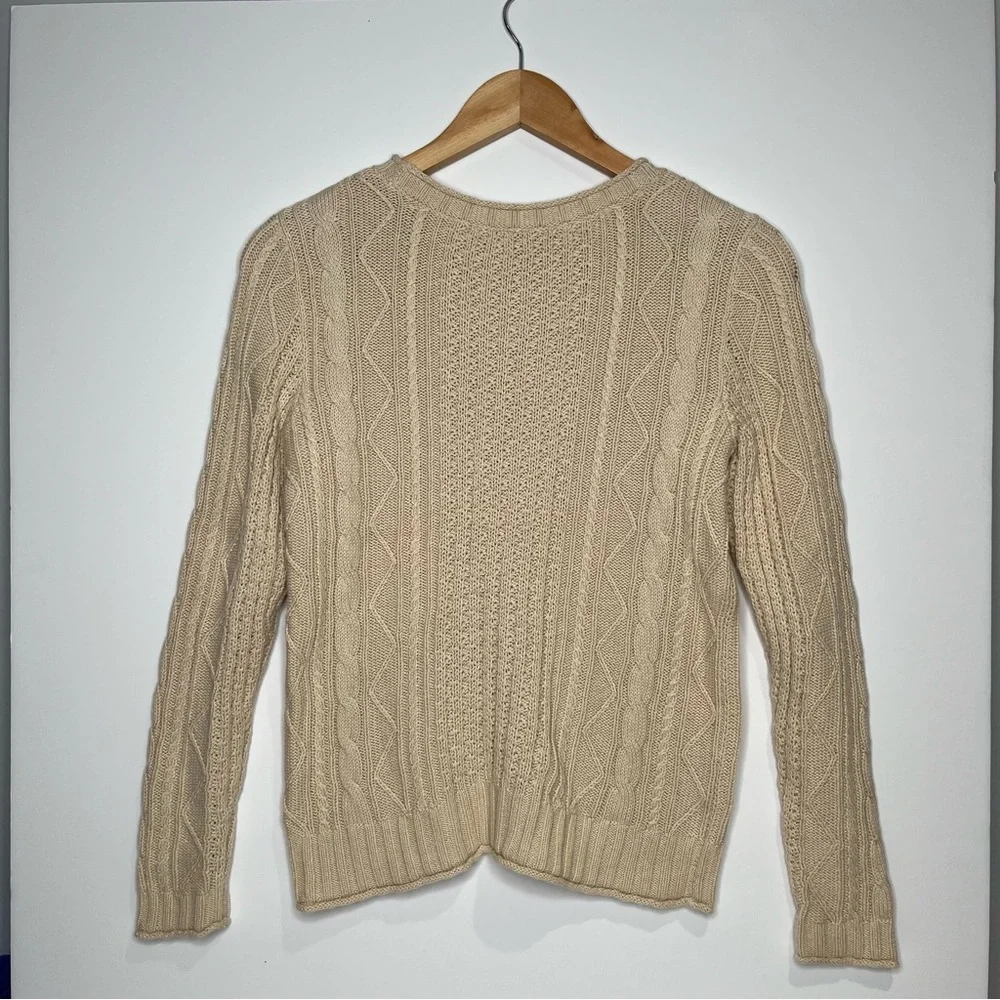 Ralph Lauren Cream Cable Knit Crewneck Sweater with Flag Patch - Picture 2 of 6